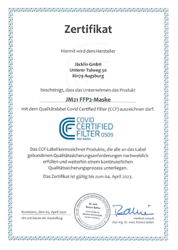 ccf-zertifikat-jm21 CCF-Zertifikat Jäcklin GmbH FFP2 Maske JM21