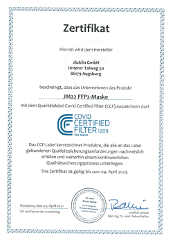 ccf-zertifikat-jm22 CCF-Zertifikat Jäcklin GmbH FFP2 Maske JM22